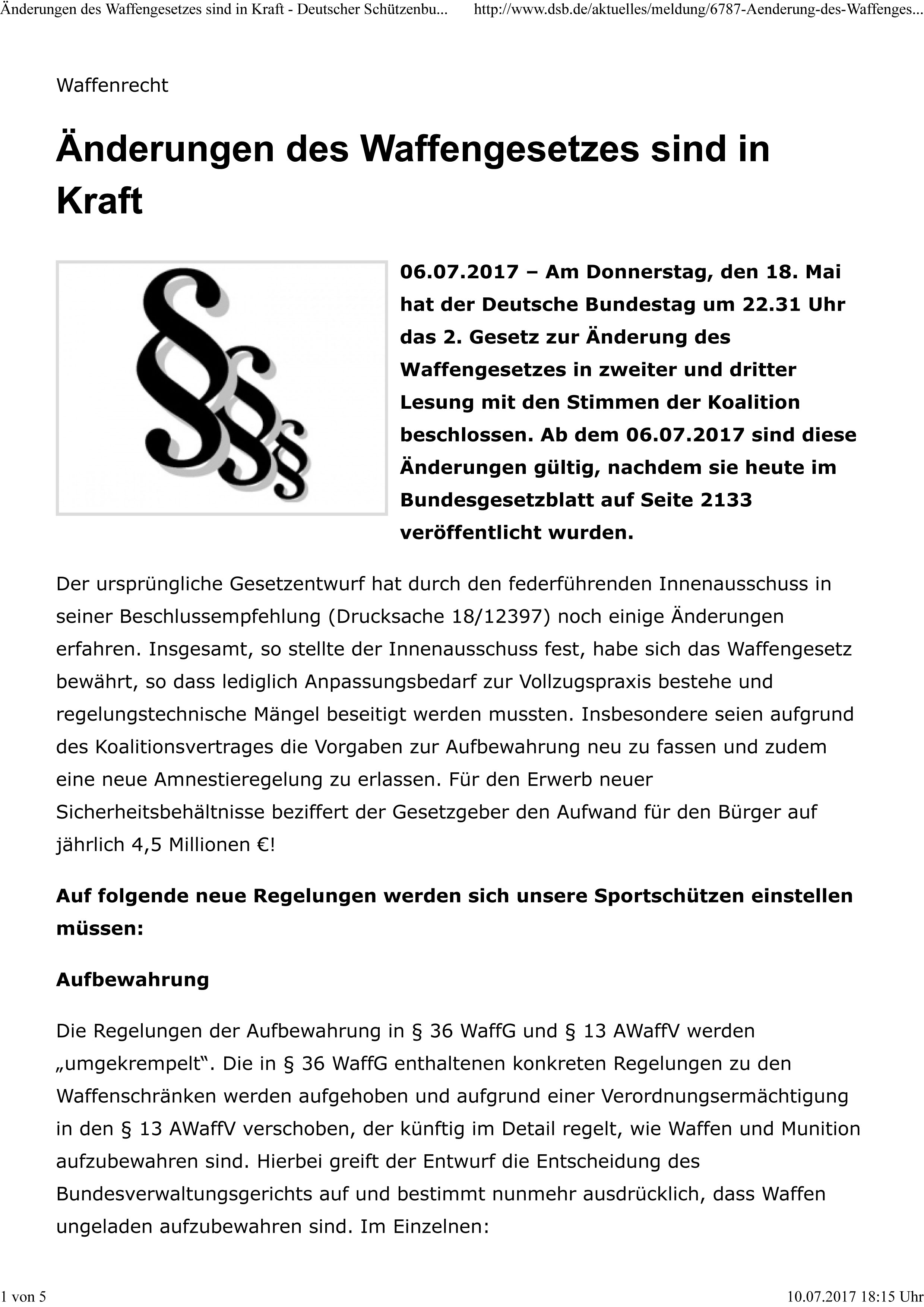 �nderungen des Waffengesetzes sind in Kraft - Deutscher Sch�tzenbund e 1