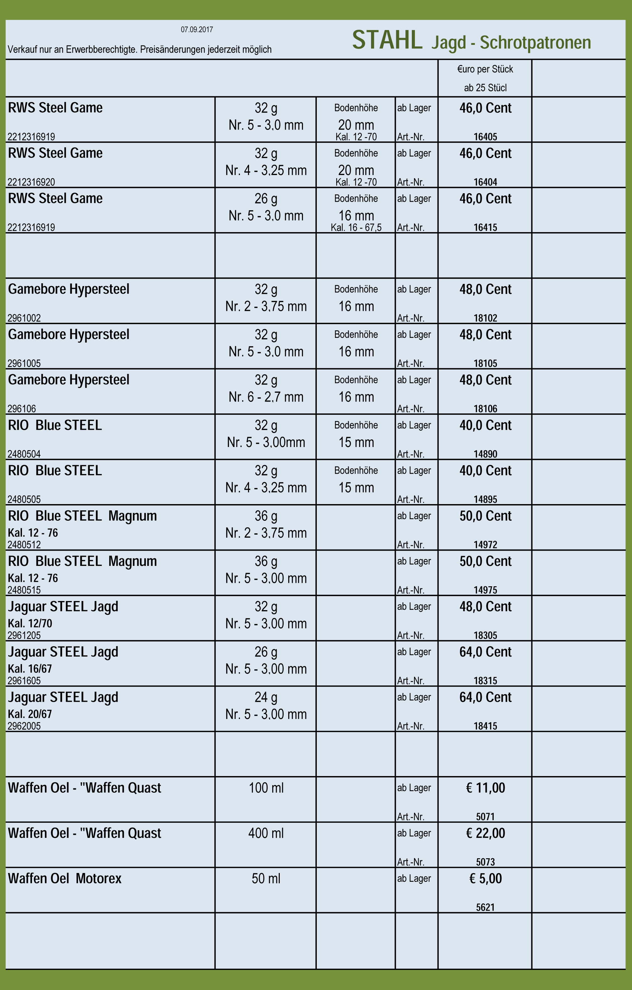 Preisliste STAHL Jagdschrotpatronen